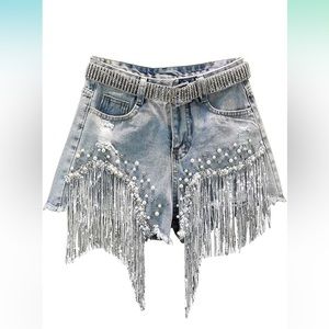 Denim Shorts Slimming Beaded Sequin Ripped. DOES NOT COME WITH BELT.